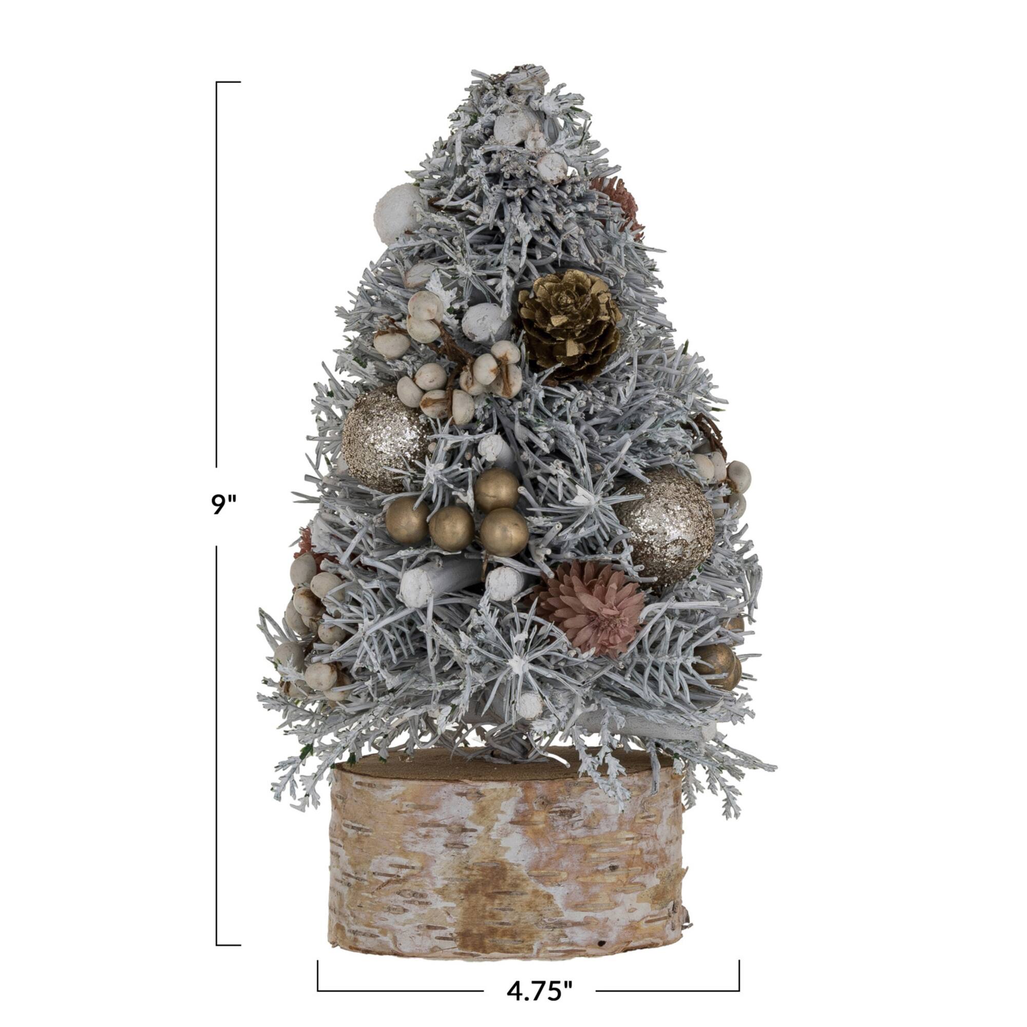 Hello Honey® 9" Frosted Ornaments, Pinecones & Glitter Christmas Tree with Wood Slice Base